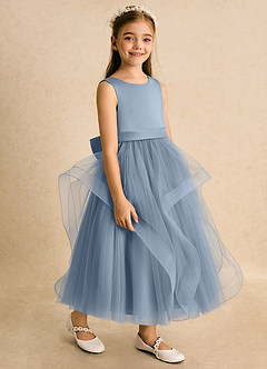 Azazie Vana Flower Girl Dresses Dusty Blue Ball-Gown Bow Tulle Dress image4