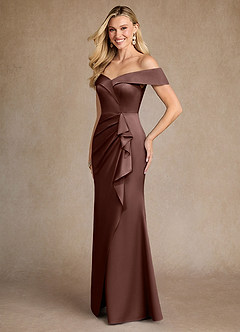 Azazie Laredo Vestidos para mãe da noiva Vestido Café Expresso de Cetim elástico de sereia com Fora do ombro image2