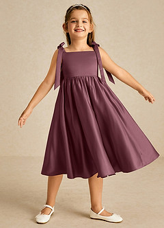 Azazie Chelsie Flower Girl Dresses Sangria A-Line Bow Matte Satin Dress image1