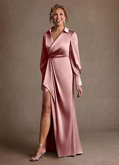 Azazie Jacinta Final Sale Dusty Rose Sheath Pleated Stretch Satin Dress image2