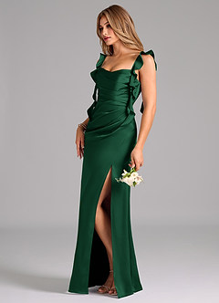 Azazie Jessamine Probar vestidos en casa Vestido de Verde Oscuro de Satén Elástico de Corte en A con Corsé image5