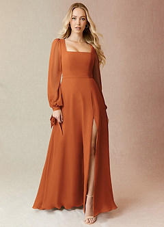Azazie Leonia Bridesmaid Dresses Cinnamon A-Line Long Sleeve Chiffon Dress image3