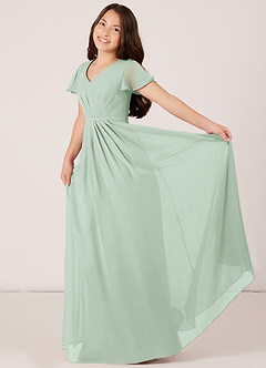 Azazie Peony Junior Agave A-Line Pleated Chiffon Dress image4