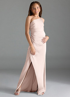 Azazie Eren Junior Blushing Pink Sheath Pleated Stretch Satin Dress image3