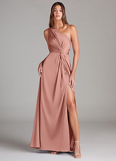 Azazie Brooke Bridesmaid Dresses Rosette A-Line One Shoulder Stretch Satin Dress image1