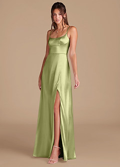 Azazie Halsey Bridesmaid Dresses Pistachio A-Line Side Slit Metallic Satin Dress image4