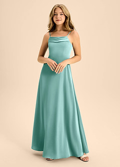 Azazie Anselie Junior Aqua A-Line Off the Shoulder Stretch Satin Dress image3