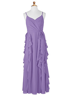 Azazie Peyton Junior Vestido de Tahití de Gasa de Corte En A con Volantes en cascada Cuello en V image6