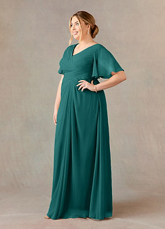 Azazie Morning Glory Kleider für die Brautmutter A-Linie V-Hals Gerüscht Chiffon Kleid Pfau image7