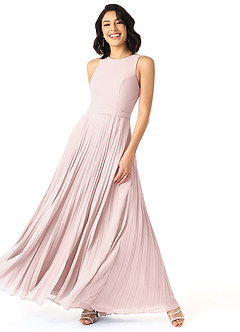 Azazie Lindie Vestidos de damas de honor Vestido de Rosa Rubor de Gasa de Corte en A con Cuello en V plisado image3