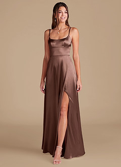 Azazie Halsey Bridesmaid Dresses Espresso A-Line Side Slit Metallic Satin Dress image3