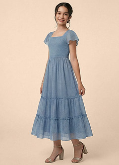 Azazie Taffy Junior Formal Vestido de Azul Polvo Crepuscular de Gasa de Corte en A con Volante image1