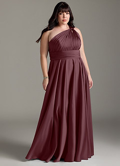 Azazie Charlize Bridesmaid Dresses Sangria A-Line One Shoulder Stretch Satin Dress image9