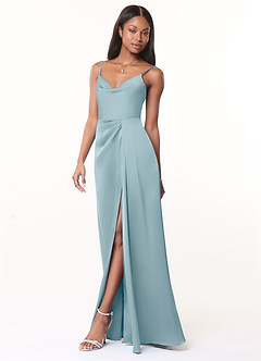 Azazie Brielle Bridesmaid Dresses Moody Blue A-Line Cowl Spaghetti Straps Stretch Satin Dress image3