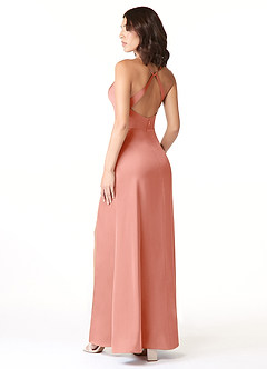 Azazie Geanna Bridesmaid Dresses Coral Sheath V-Neck Pleated Stretch Satin Dress image4