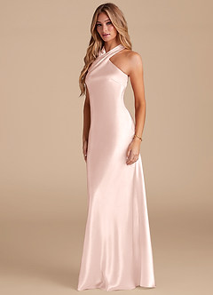 Azazie Doretta Bridesmaid Dresses Blushing Pink Mermaid Bow Metallic Satin Dress image4