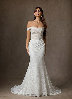 Azazie Idalis Wedding Dresses Diamond White Champagne Mermaid Lace Dress image3