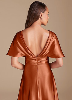 Azazie Pamela At-home Try On Dresses Auburn A-Line Pleated Metallic Satin Dress image7