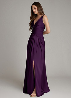 Azazie Pauline Bridesmaid Dresses Grape A-Line Pleated Stretch Satin Dress image6