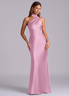 Azazie Seona Vestidos de madrinha de casamento Vestido Rosa Doce de Cetim elástico de sereia com Um ombro image7