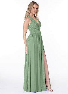 Azazie Jaclyn Vestidos de damas de honor Vestido de Matcha de Gasa de Corte en A con Plisado image4