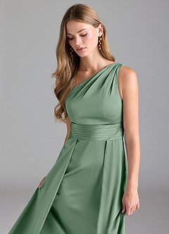 Azazie Dallas Abiti da Damigella Abito A-Line in Raso Elasticizzato Monospalla Matcha image6