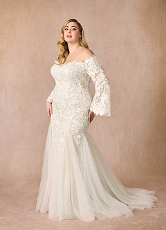 Azazie Arlette Wedding Dresses Diamond White Champagne Mermaid Sweetheart Sequins Tulle Dress image10