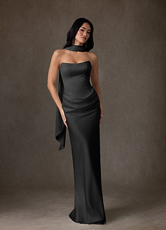 Azazie Samantha Wedding Dresses Black Sheath Strapless Stretch Satin Dress image1