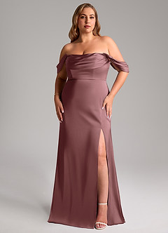 Azazie Saige Bridesmaid Dresses Vintage Mauve Sheath Off the Shoulder Stretch Satin Dress image11