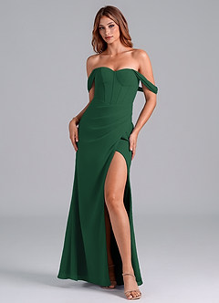 Azazie Asha Bridesmaid Dresses Dark Green Sheath Off the Shoulder Chiffon Convertible Dress image1