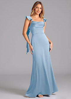 Azazie Adi Bridesmaid Dresses Powder Blue A-Line Pleated Stretch Satin Dress image3