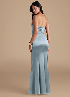 Azazie Yola Bridesmaid Dresses Dusty Blue Sheath Pleated Metallic Satin Dress image4