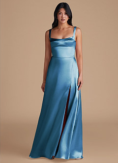Azazie Hope Brautjungfernkleider A-Linie mit Taschen Metallischer Satin Kleid Stahlblau image2
