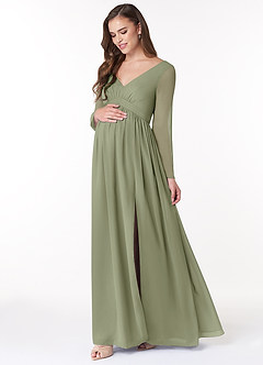 Azazie Teton Zwangerschaps Bruidsmeisjekleding A-Lijn Lange mouw Chiffon Vloerlengte Jurk image3