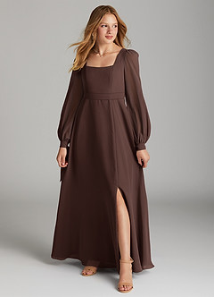 Azazie Leonia Junior A라인 포켓이 있는 쉬폰 플로어 길이 주니어 신부 들러리 드레스 image1