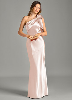 Azazie Yuanna Bridesmaid Dresses Rose Gold Mermaid One Shoulder Metallic Satin Dress image3