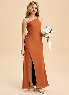 Azazie Eren Junior Vestido Canela de Chiffon de Linha A com Plissado image3