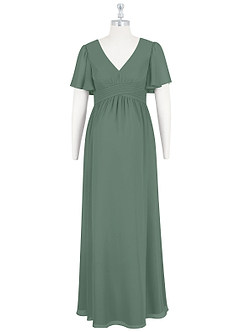 Azazie Verna At-home Try On Dresses A-Line V-Neck Ruched Chiffon Floor-Length Dress image7