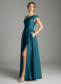 Azazie Melanie Suknie dla druhen Linia A Zza ramienia Satyna elastyczna Do ziemi Sukienka image4