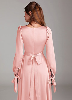 Azazie Leonia Bridesmaid Dresses Powder Pink A-Line Long Sleeve Stretch Satin Dress image7