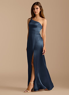 Azazie Trina Bridesmaid Dresses Dark Navy A-Line One Shoulder Metallic Satin Dress image1