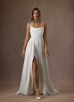 Azazie Caymus Wedding Dresses Diamond White A-Line Scoop Pleated Crepe Back Satin Dress image4
