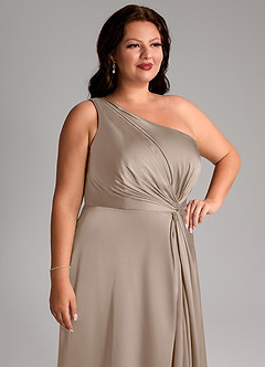 Azazie Brooke Bridesmaid Dresses Taupe A-Line One Shoulder Stretch Satin Dress image14