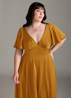 Azazie Kimber Bridesmaid Dresses Butterscotch A-Line Ruched Stretch Satin Dress image11