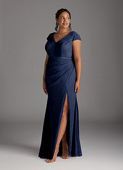 Azazie Galilea Mother of the Bride Dresses Dark Navy Mermaid V-Neck Metallic Mesh Dress image3