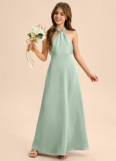 Azazie Beah Junior Agave A-Line Pleated Stretch Satin Dress image2