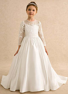 Azazie Lilyana Abiti da Ragazza di Fiori Abito Principessa in Pizzo Con Maniche Avorio image4