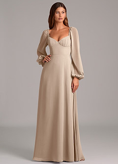 Azazie Annistyn Bridesmaid Dresses Taupe A-Line Long Sleeve Chiffon Dress image3