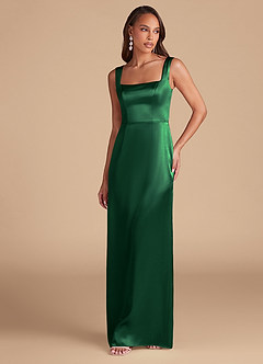 Azazie Flori Vestidos de damas de honor Vestido de Verde Oscuro de Satén Metálico de Corte Recto con Corte Lateral image3