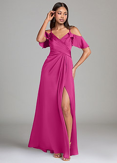 Azazie Dakota Bridesmaid Dresses Fuchsia A-Line Off the Shoulder Stretch Satin Dress image4